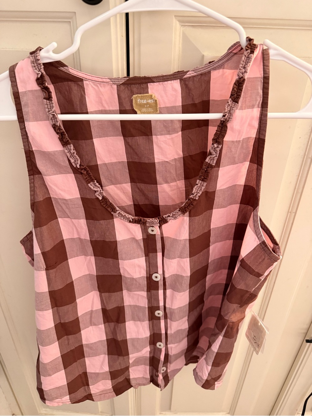 Free People Pink and Brown Gingham Ruffle-Trim Button Tank and shorts w/pockets